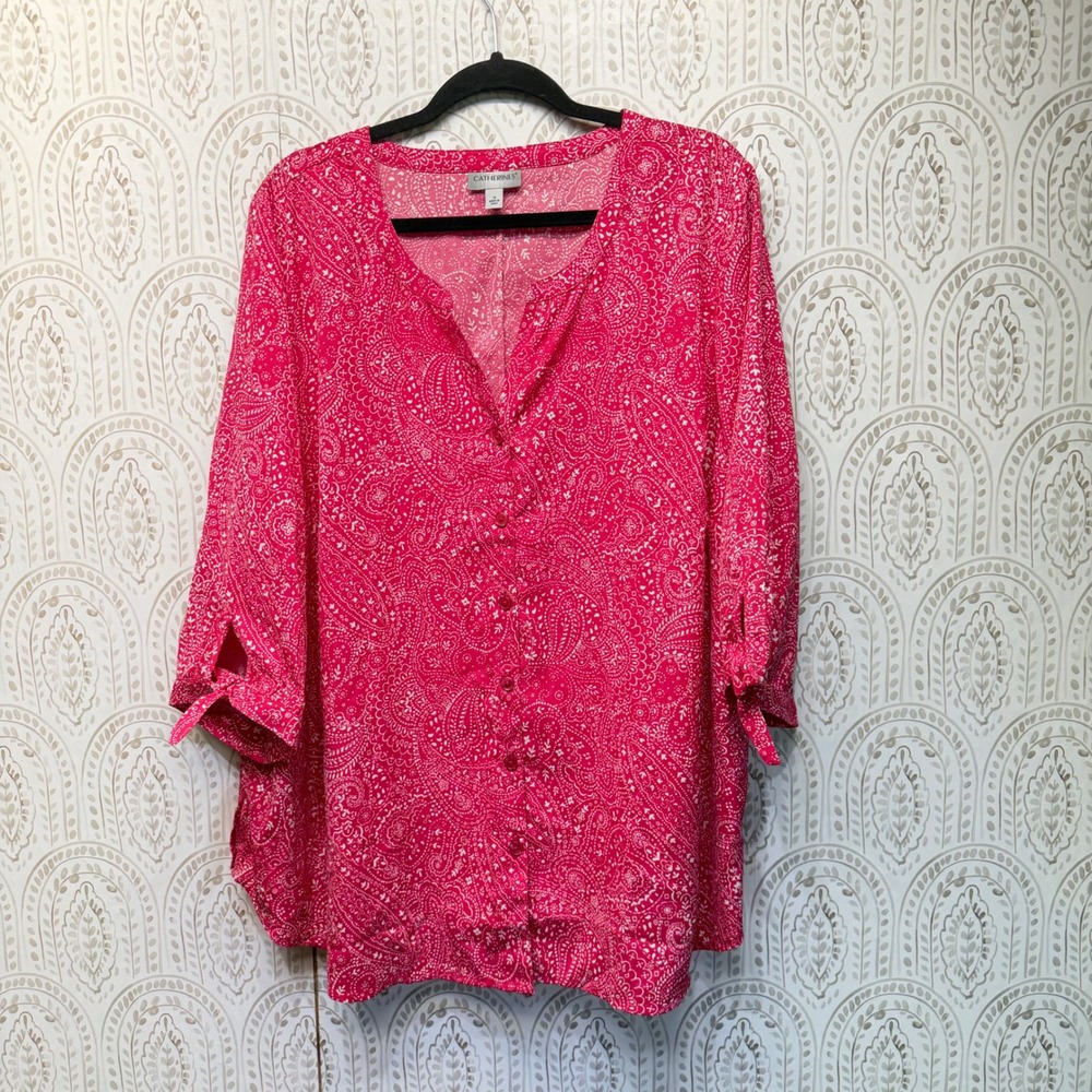 Catherines Blouse Womens 1X Pink Paisley Button Front 3/4 Tie Sleeve 42-2448-1